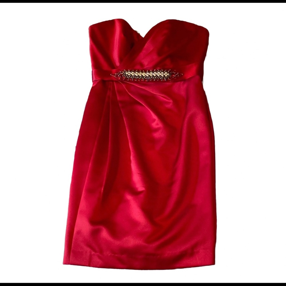 David’s Bridal satin strapless red mini dress